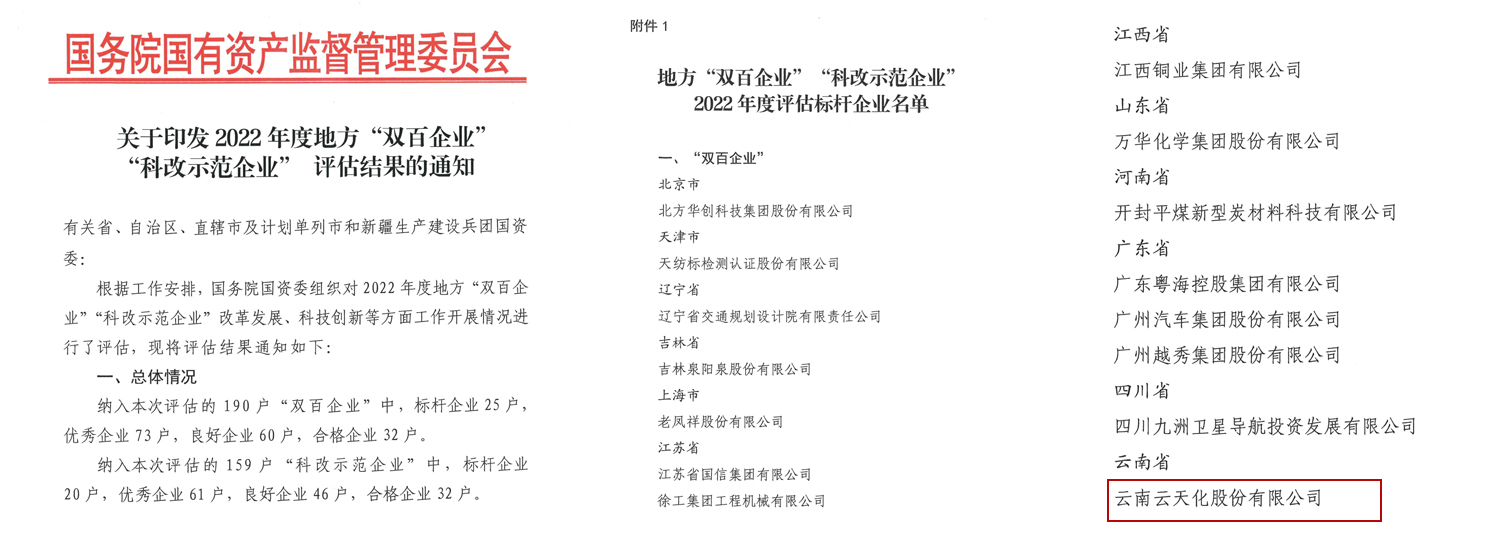 全省唯一！云天化股份获评 “双百企业”标杆
